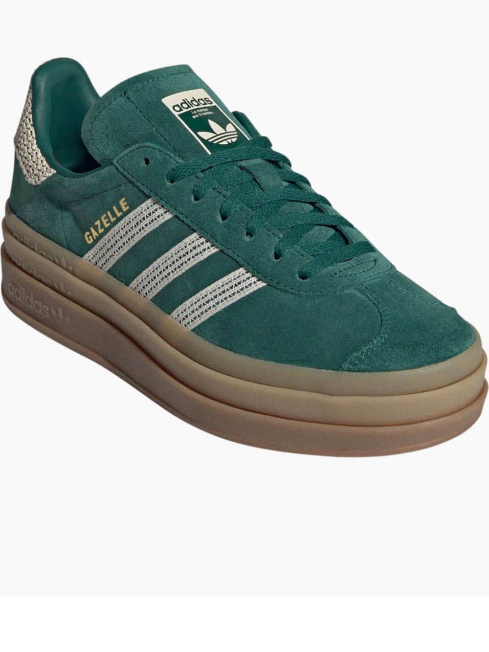 adidas Gazelle Bold Platform Suede Sneaker Green / White / Gum Sole -7.5